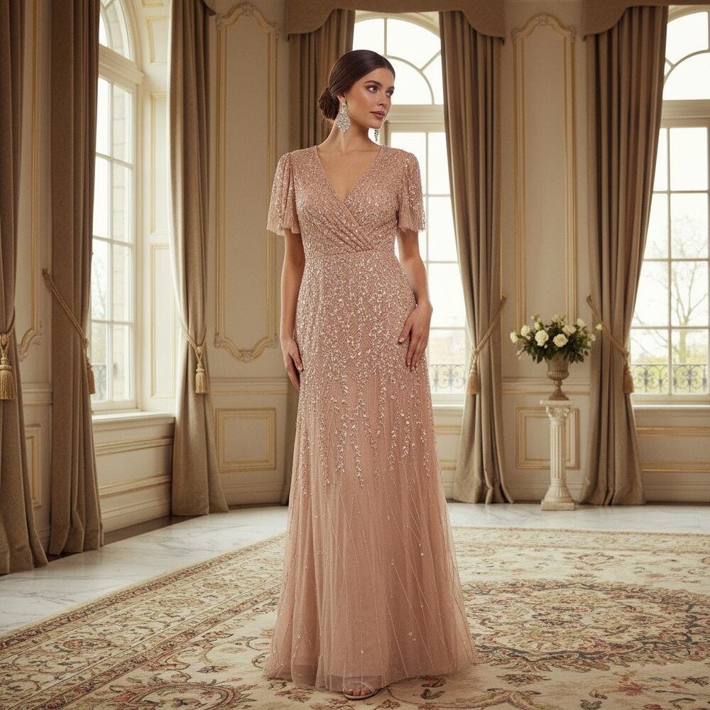 G-22 Mac Duggal Fully Beaded Flutter‑Sleeve Gown – Size 8 – NWT – Nude Color
